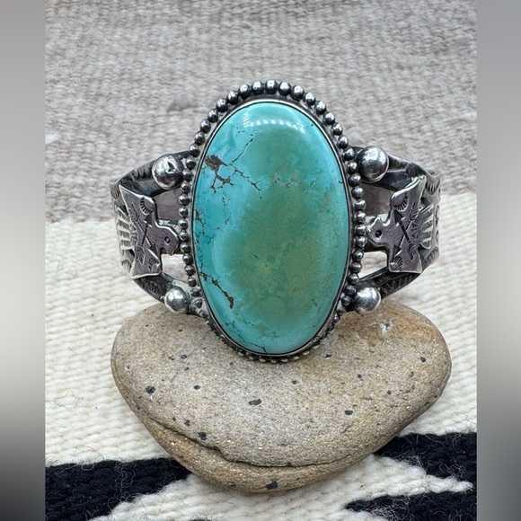 Navajo Native Fred Harvey Style Sterling Silver Turquoise Thunderbird Cuff 7" - Picture 2 of 7